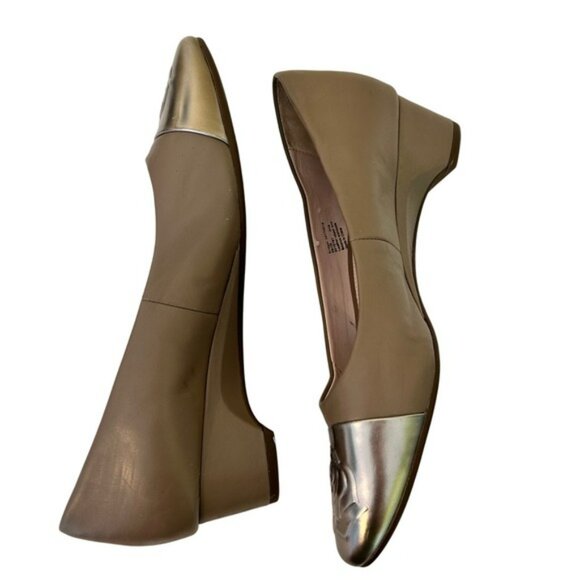Taryn Rose Bridget Taupe Leather Block Heel Pumps Metallic Rose Cap Toe 39 / 8.5 - Picture 7 of 9